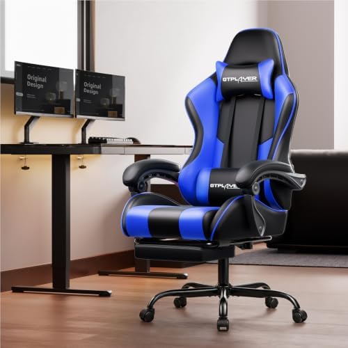 GTPLAYER Gaming Chair, Computer Chair with Footrest and Lumbar Support, Height Adjustable Game Chair with 360°-Swivel Seat and Headrest and for Office or Gaming (Faux Leather, Blue)