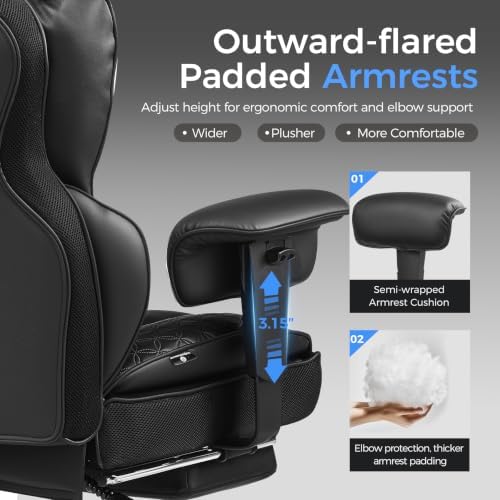 GTPLAYER Big and Tall Gaming Chair 400lbs Heavy Duty Office Chair with Footrest, High Back Pocket Spring Lumbar Support, Ergonomic Wide Comfy Seated Cushion for Lower Back Pain Relief, Carbon-Black