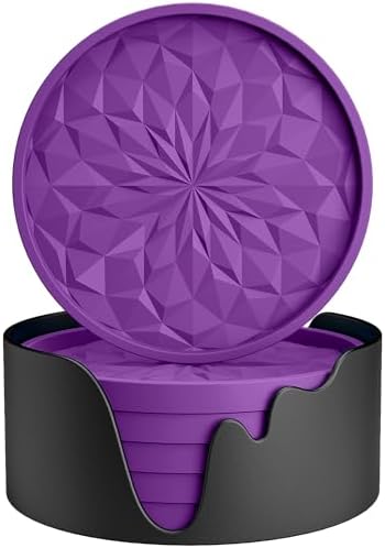 ME.FAN Silicone Coasters with Holder,[6 Pack] Drinking Coasters - Cup Mat for Hot or Cold Drinks, Thickened, Non-Slip, Non-Stick,Deep Tray Dark Purple
