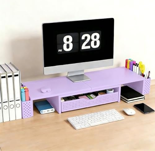 Spacrea Metal Desk Organizers and Accessories, Dual Monitor Stand Riser with Drawer and 2 Pen Holders, Desk Accessories & Workspace Desktop Organizers for Office Supplies (Purple)