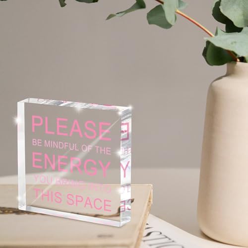 Please Be Mindful of The Energy Desk Sign - 4x4 Inch Pink Acrylic Office Decor for Women, Therapist Room Decor, Positive Workspace Sign, Calm Office Accessories & Wellness Gift