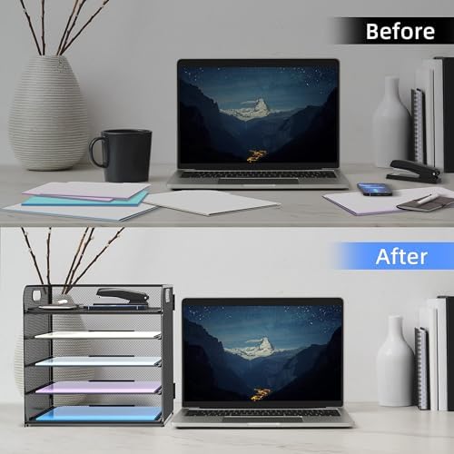 Supeasy 2 Pack 5-Tier Desk Organizer with Handle Mesh Desk File/Paper Organizer Letter Tray for Office, School, Classroom and Home Easy Installation, Black
