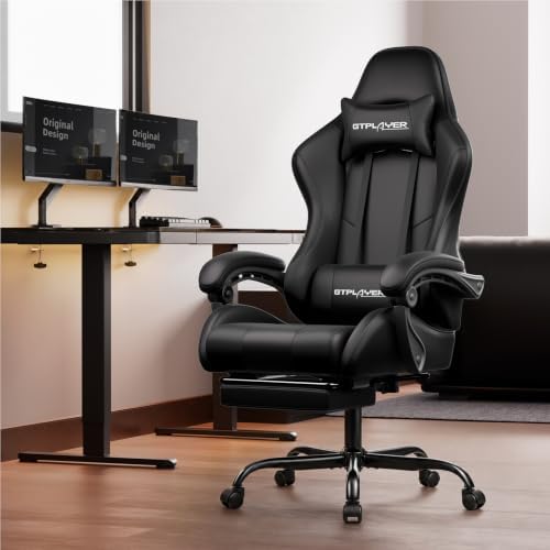 GTPLAYER Gaming Chair, Computer Chair with Footrest and Lumbar Support, Height Adjustable Game Chair with 360°-Swivel Seat and Headrest and for Office or Gaming (Faux Leather, Black)