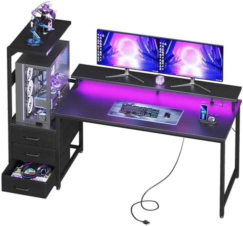 AODK Gaming Desk w/PC Showcase Stand, 59" Reversible, RGB LED, Black