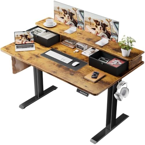 Veken 47x28 in Electric Standing Desk with Drawers, Adjustable Table, Brown