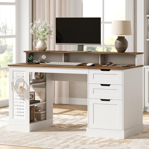 55-inch Farmhouse Executive Desk with 2 Drawers and File Cabinet, Computer Desk with 3-Tier Storage Shelves, Home Office Desk with Charging Station, Pegboard & Monitor Shelf, White and Walnut