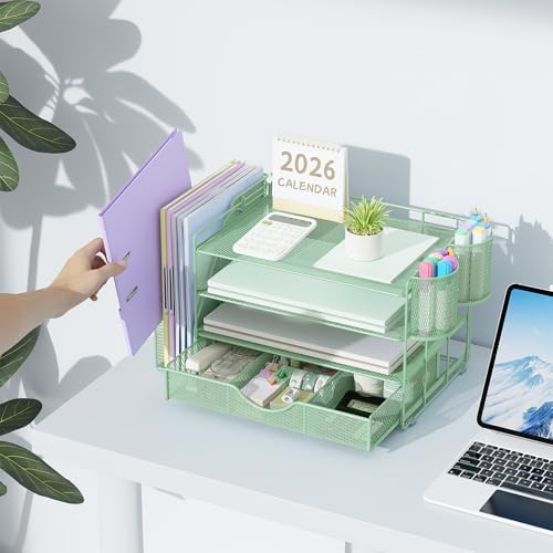 gianotter 4-Tier Desk Organizer with Drawers, File Holders, Letter Trays and Pen Holders - Workspace Accessories for Office Supplies (Sage Green)