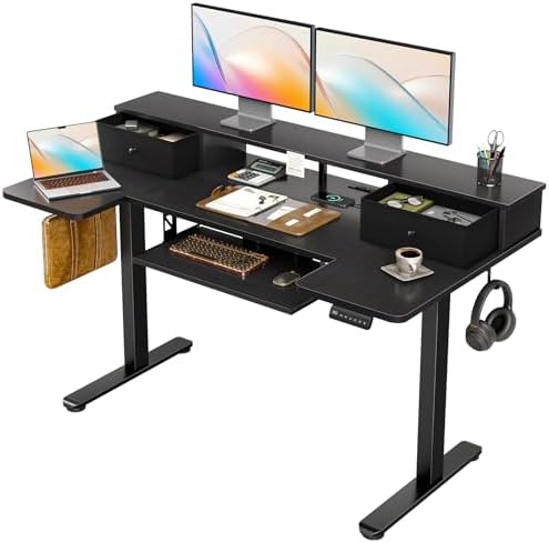 OffiGo 55 Inch U Shape Standing Desk with Keyboard Tray & Drawers, Black