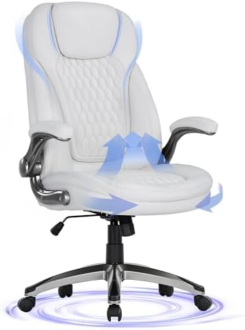 COLAMY Executive Office Chair-Ergonomic Computer Desk Chair, High Back Leather Chair with Padded Flip-up Arms, Swivel Home Office Chair Upgraded Caster, White