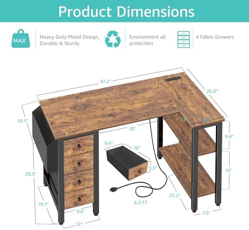 Lufeiya L Shaped Desk with Drawers & Storage Shelves, 47 Inch Small Reversible Corner Desk with Power Outlet for Home Office Bedroom, L-Shaped Gaming PC Computer Desks with Fabric Drawer, Rustic Brown