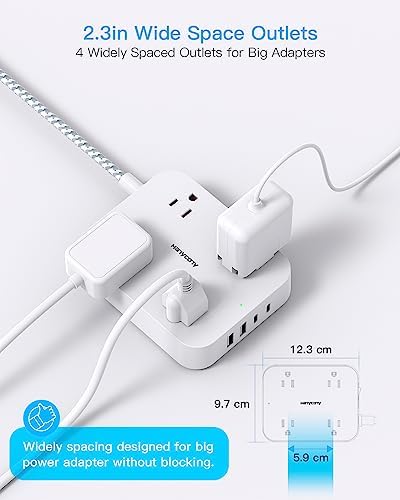 Flat Plug Extension Cord, 4 Widely Power Strip with 4 USB Ports(2 USB C)