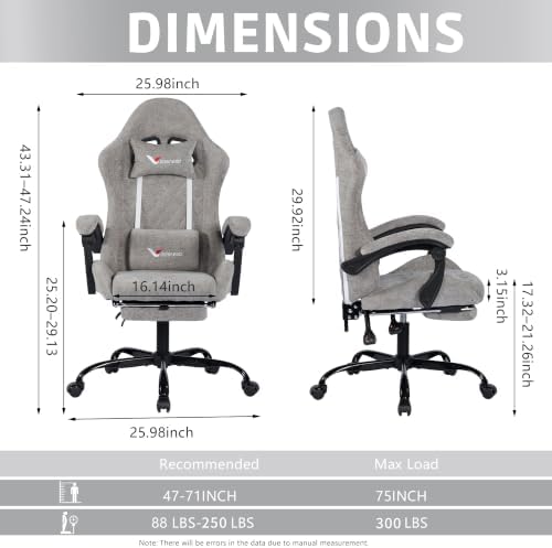 Fabric Gaming Chair for Adults, Ergonomic Computer Office Desk Chair with Footrest,Pocket Spring Cushion, Reclining High Back Silla Gamer for Home Office, Light Grey