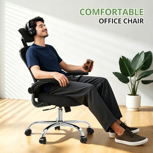 Office Chair Ergonomic Desk Chair, 330LBS Capacity, High Back Computer Chair for Long Hours Comfortable, Rolling Swivel Executive Task Chair for Home Office with Flip-up Armrests, Black Black-Chrome