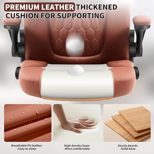 Leather Office Chair Swivel Lumbar Support for Short People Brown