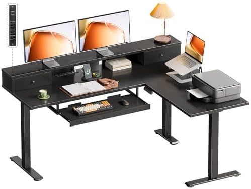 OffiGo 59 Inch L Shaped Electric Standing Desk with Drawers, Black