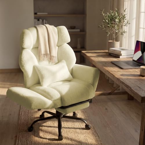 Office Chair with Flip Armrests,Big and Tall Office Chair with Foot Rest,Extra Wide Seat & Lumbar Pillow,Ergonomic Computer Gaming Chair,Comfy Criss Cross Chair for Pets Sitting,Teddy Fleece,Yellow