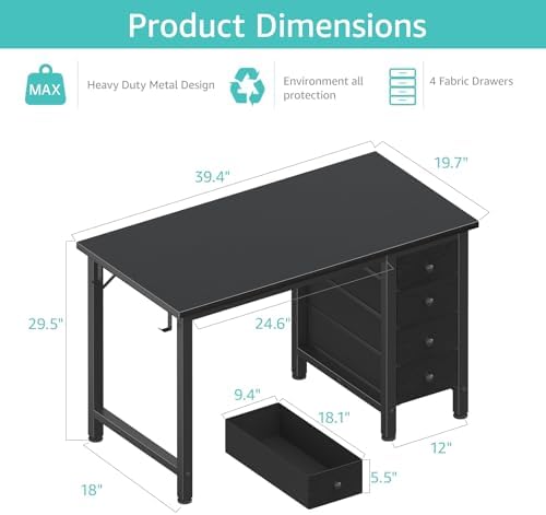 Lufeiya Small Gaming Desk with 4 Drawers, 40 Inch Kids Girls Teen Cute Study Desk for Bedroom, Reversible Work Computer Writing Table Desks for Small Space Home Office, Black