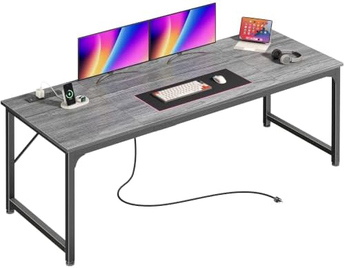 PRAISUN 70x24 Inch Computer Desk with Power Outlets & USB-C, Grey