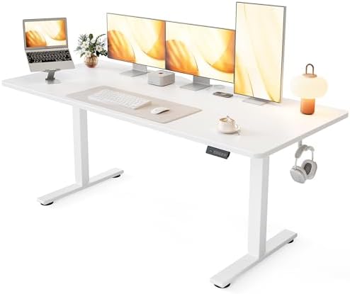 Cubiker Standing Desk, 63x28 Inches Sit Stand Home Office Desk, Electric Stand up Desk, Adjustable Desk with Splice Board, White Frame/White Top