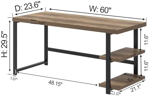 FOLUBAN 60 Inch Home Office Desk, Large Computer Desk with Storage Shelves, Modern Wood and Metal Writing Study Gaming Table Workstation for Living Room, Rustic Oak
