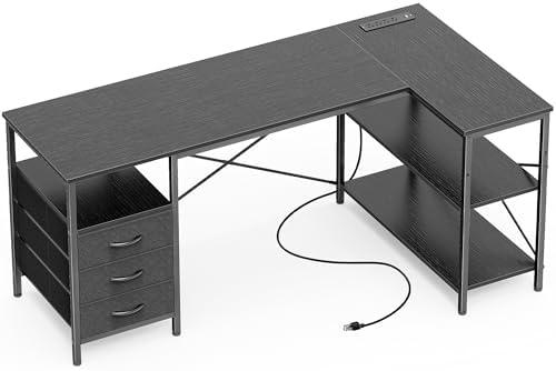 Huuger L Shaped Office Desk with Power Outlets & 3 Drawers