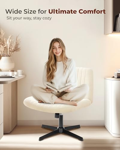 NEO Chair Criss Cross Chair No Wheels, Armless Cross Legged Office Desk Chair, Vanity Makeup Fabric Computer Comfy Adjustable Swivel Ergonomic Living Bedroom for Home Office (Fabric Beige)