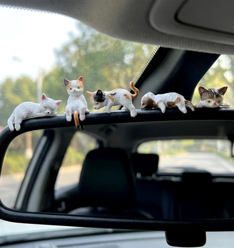 5 Pcs Mini Cat Desk Figurines, Cute Cat Dashboard Decorations Computer Monitor Decor, Resin Cats Shippers Ornaments for Car Interior Rearview Mirror & Desk Accessories, Funny Gifts for Cats Lovers