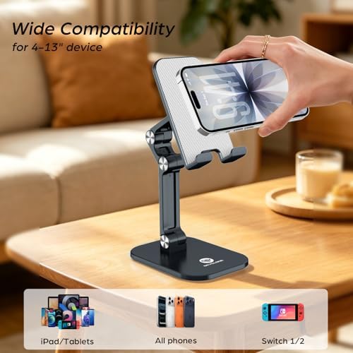 OCYCLONE Phone Stand, Foldable Cell Phone Stand Holder for Desk Office Accessories Adjustable Height and Angle iPhone Stand - Black