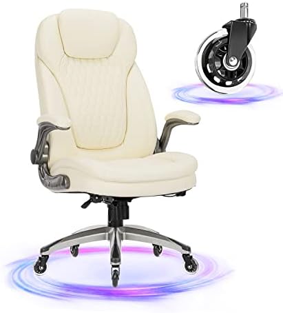 COLAMY Ivory Leather High Back Executive Office Chair, Ergonomic Desk Chair with Flip-up Arms, Thick Cushion, Silent Nylon Wheels, Adjustable Height & Rocking Function, 300lbs Capacity