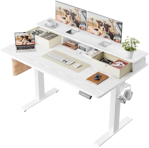 Veken 47x28 in Electric Standing Desk with Drawers, Adjustable Table, White