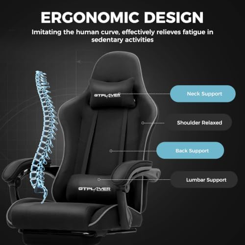 GTPLAYER Gaming Chair, Computer Chair with Footrest and Lumbar Support, Height Adjustable Game Chair with 360°-Swivel Seat and Headrest and for Office or Gaming (All Black-Fabric)