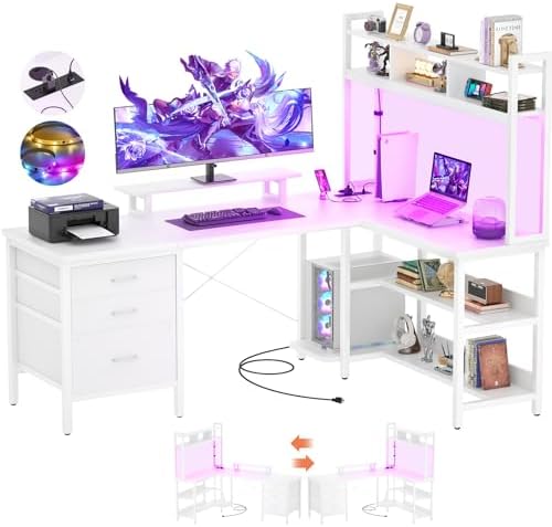 Aheaplus L Shaped Gaming Desk with Hutch, Gaming Desk with Led Lights, Reversible Computer Desk with Power Outlet, Corner Desk with File Drawer & Monitor Stand, Storage Shelves for Home Office, White