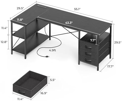 Huuger L Shaped Office Desk with Power Outlets & 3 Drawers