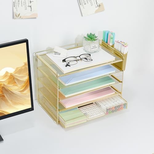 LEKETREE Desk Organizers and Accessories, 5-Tier Paper Letter Tray Organizer with Drawer & 2 Pen Holders, Desktop Organizer for Office Supplies (Gold)