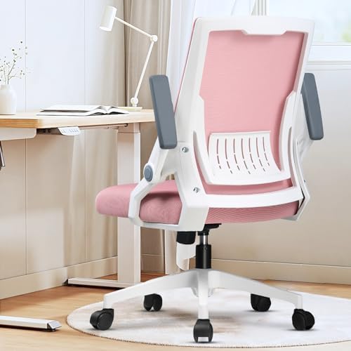 GTPLAYER Ergonomic Office Chair with Flip-up Armrests Executive Computer Chair for Home Office, Breathable Mesh & Comfy Lumbar Support, Pink
