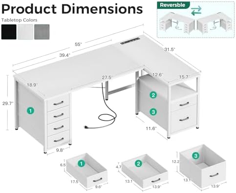 Coleshome 55 Inch L Shaped Office Desk with 6 Drawers, Power Outlet, White