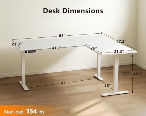Casaottima 63 Inch L Shaped Electric Standing Desk, Home Office, White