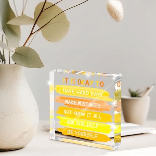 Mental Health Office Decor - Yellow 4 Inch Acrylic Tabletop Sign, Inspirational Desk Accessories for Workplace Wellness, Motivational Quote for Therapy Office & Home Desk