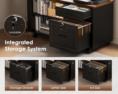 OffiGo 48" L Shaped Electric Standing Desk with Cabinet Sets, Walnut/Black