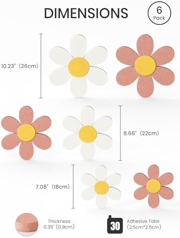 Fluxynara 6 PCS Daisy Felt Flower Wall Decor, Daisy Bulletin Board for Nursery & Girl Room, 3-Size Acoustic Felt Wall Art for Bedroom, Baby’s Room, Kids’ Spaces, Pink/White