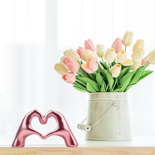 Lynagert Small Heart Hands Sculpture Decor for Living Room Bedroom Bookshelf Coffe Table, Love Finger Statue Modern Aesthetic Home Decor, Unique Gift for Wedding Christmas Birthday (Shiny Pink)