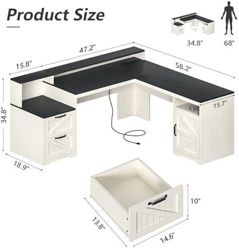 63" Farmhouse L Shaped Desk with Drawers & Printer Shelf for Home Office