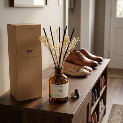 WEALD TRIBE Reed Diffuser Set for Bathroom Air Fresheners, Oil Diffuser Sticks | White Jasmine Scent 4.0 fl oz Home Fragrance with Sticks Defusers | House Bedroom Office Shelf Decor
