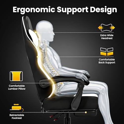 Gaming Chair Gamer Game Ergonomic with Footstool Lumbar Support Deep Black