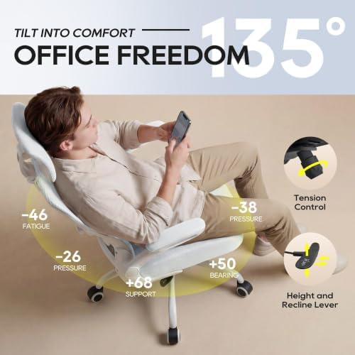 Ergonomic Office Chair - High Back Desk Chair with Adjustable Lumbar Support, Breathable Mesh Back, 330LBS Capacity, Easy Assembly (White/White)