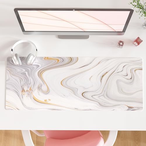 QiyI PU Leather Large Mouse Pad, 31.5" x 11.8", Gold Grey Striped