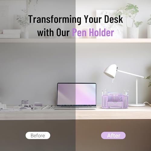 Mesh Desk Organizer with Drawer, 9-Compartment Pen Holder for Desk, Purple