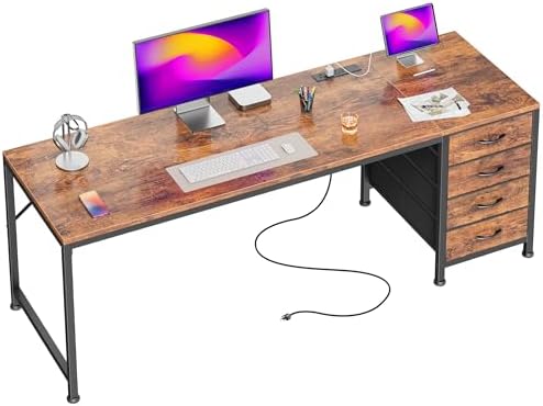 PRAISUN 63 Inch Computer Office Desk with Power Outelts and USB-C Port, Reversible Gaming Desk with 4 Fabric Drawers, Work Study Desk Work from Home, Rustic Brown