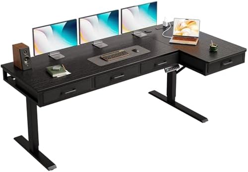 OffiGo 63 Inch L Shaped Electric Standing Desk with 4 Drawers, Black