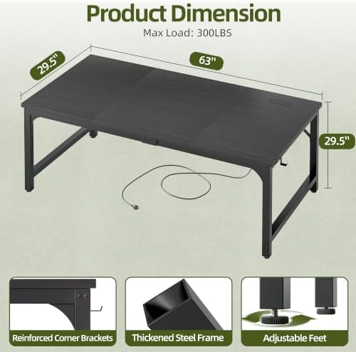 TIQLAB 63 x 30 Inch Extra-Deep Computer Desk with Power Outlets, Heavy-Duty Office Desk, Wide Gaming & Work Desk for Home Office, Black